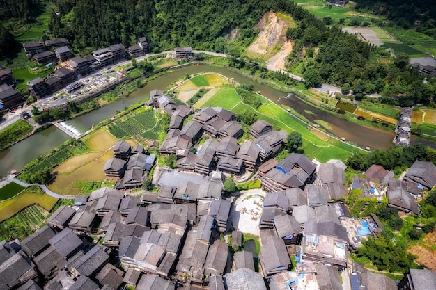 Aerial photography of the pastoral scenery of ancient Dong people's houses in Bazhai Chengyang Liuzhou