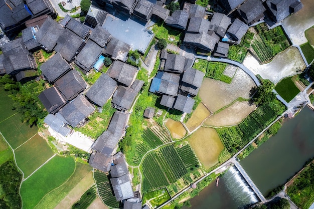 Aerial photography of the pastoral scenery of ancient Dong people's houses in Bazhai Chengyang Liuzhou