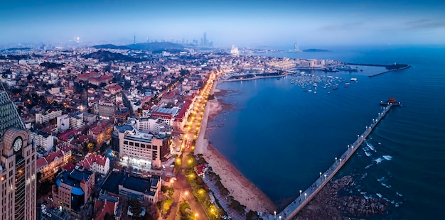 Aerial photography of Qingdao coastline bay area night scene large format