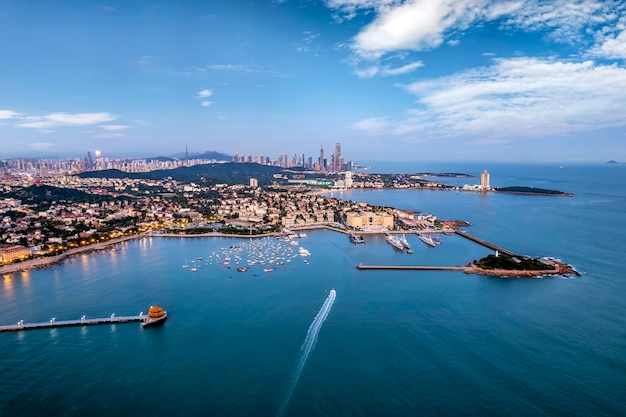 Aerial photography of Qingdao coastline bay area scenery night scene