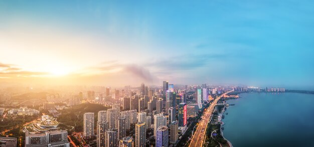 Aerial photography of Qingdaos west coast city buildings at night