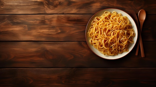 Aerial Photography Of Spaghetti Noodles On Wood Table Golden Hues 8k Resolution