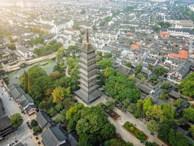 Aerial photography of Suzhou Fangsi Pagoda Chinese garden landscape