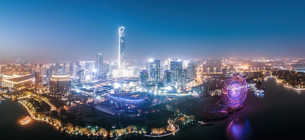 Aerial photography of Suzhou Jinji Lake CBD urban architecture night view