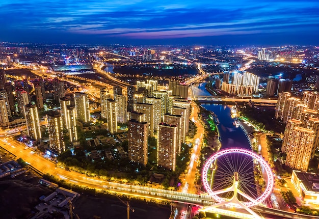 Aerial photography of Tianjin city building skyline night view