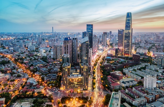 Aerial photography of Tianjin city building skyline night view