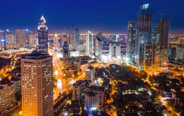 Aerial photography of Tianjin city building skyline night view