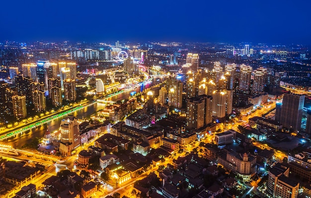 Aerial photography of Tianjin city building skyline night view