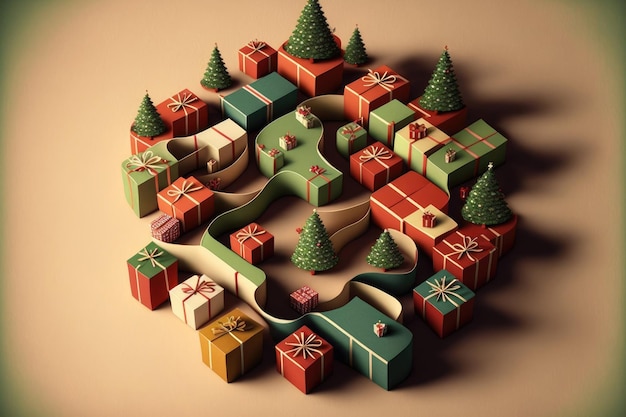 Aerial picture of Christmas present boxes arranged in the shape of a tree