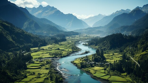 An aerial picture of a river in a lush tropical forest with mountains in the distancexA