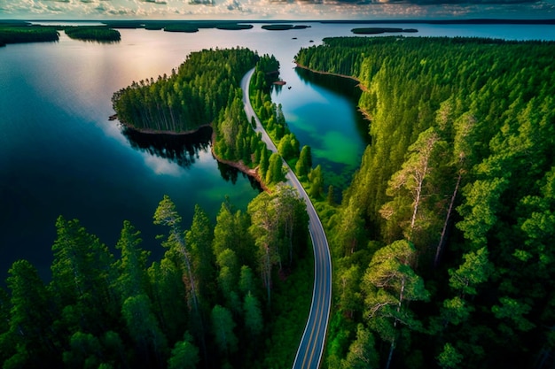 Aerial picture of a road along the coast in summertime with lush forests and clear lakes Generative AI