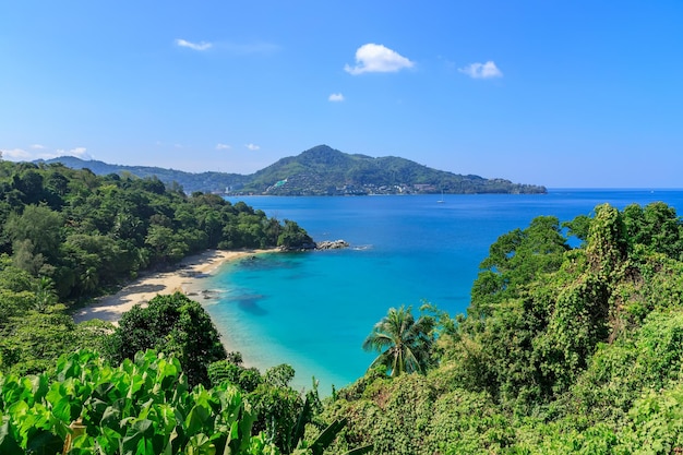 Aerial scenic view over beautiful Andaman sea and small bays at Laem Sing Viewpoint Phuket Thailand