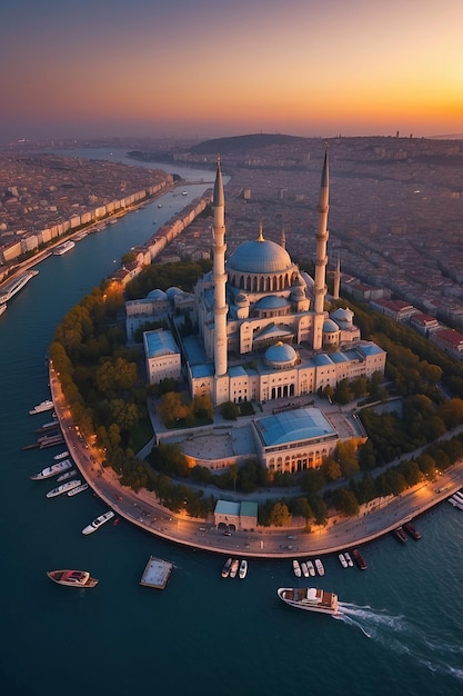 Aerial Shoot New Mosque Yeni Cami in the early evening Eminonu district Istanbul Turkey