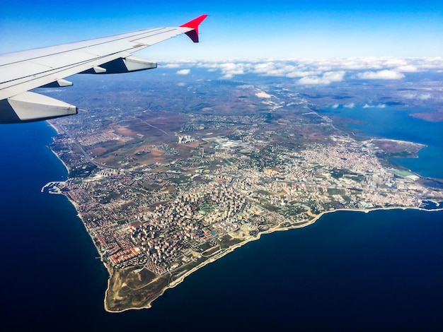 Aerial shooting from an airplane flying over the Sea of Marmara. Turkey. Istanbul.