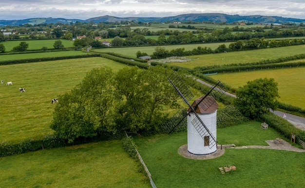 Aerial shot of Ashton Windmill in Wedmore UK