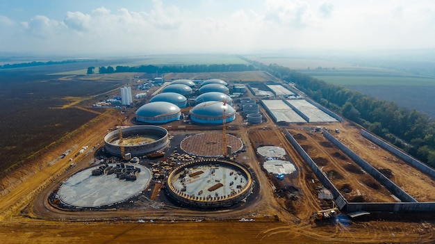 Aerial shot of big factory storages Refinery reservoirs industries