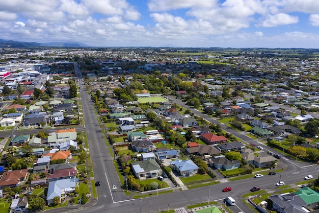 Aerial shot of the buildings and landscapes in Levin town in New Zealand