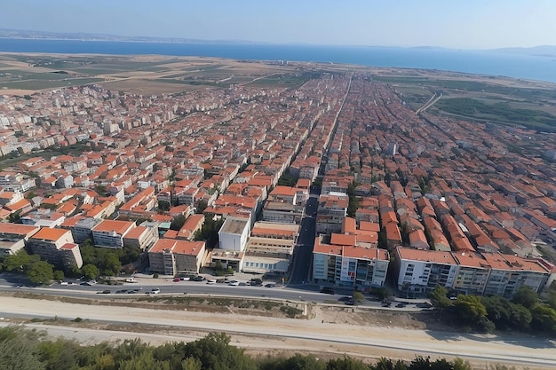 An aerial shot of buildings near the sea in Galicia Spain