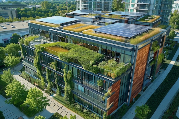 Photo an aerial shot of a buildings rooftop with a green roof and solar panels showcasing sustainable design the energyefficient features of the building such as solar panels and green roofs