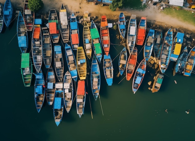 Aerial shot of a bustling harbor filled with colorful fishing boats showcasing a vibrant and busy maritime scene