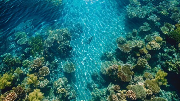 An aerial shot capturing the complex beauty of a coral reef ecosystem visible through