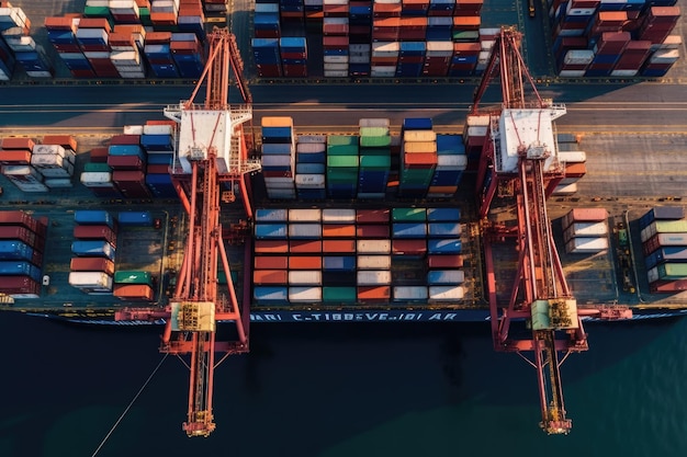 Aerial shot of a cargo ship docked at a port with containers being loaded or unloaded Generative AI