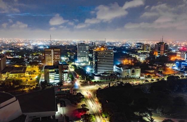 Aerial shot of the city of Accra in Ghana at night