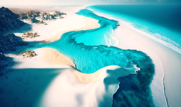 Aerial shot of a coastline with turquoise water and white sand