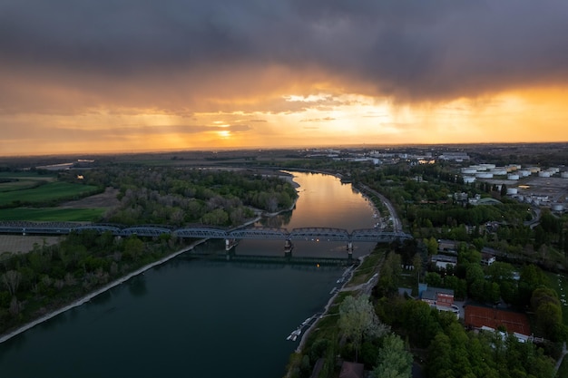 Aerial shot of Cremona and the river Po