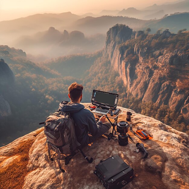 Aerial shot of a digital nomad perched on a mountaintop working against a stunning panoramic view o