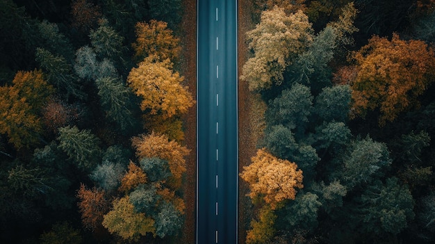 Aerial shot of an empty road surrounded by autumncolored trees no cars large copy space available