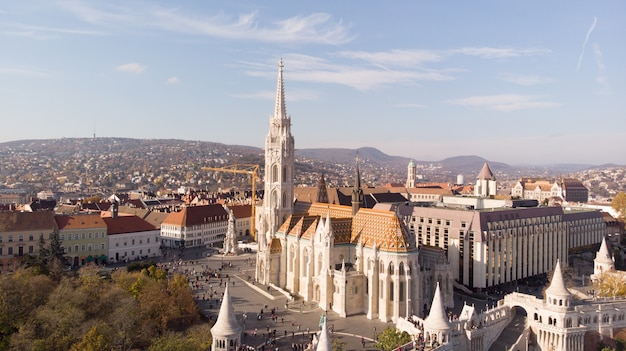 Aerial shot from drone on St. Matthias Church in Budapest. One of the main temple in Hungary