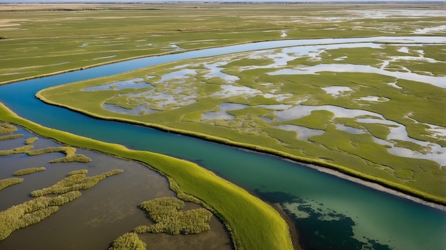 Photo aerial shot of green salt marshes in spains andalusia region