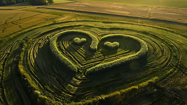 An aerial shot of a heartshaped field in the middle of a lush green landscape