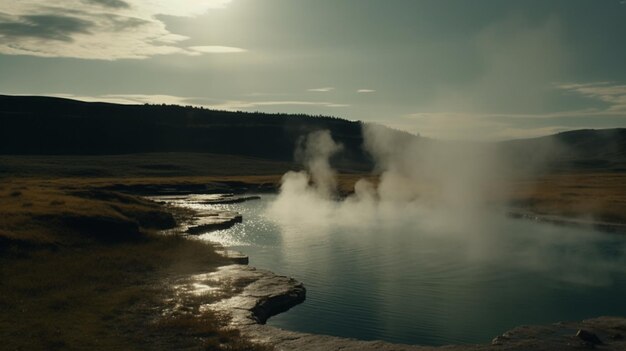 Aerial shot of a hot spring with steam rising from the water.