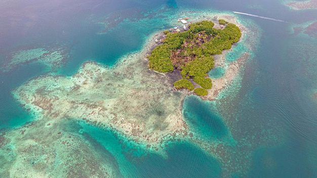 Aerial shot of an island in the middle of the sea in Bocas del Toro Panama