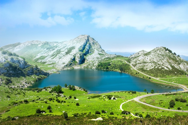 Aerial shot of Lake Covadonga at Picos de Europa National park in Asturias, Spain