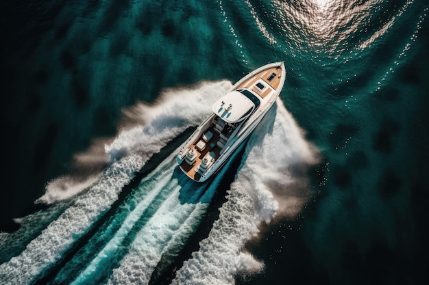 Aerial shot of a luxurious motorboat People are traveling in a white speedboat on blue water while the sun is shining high speed aerial view of a speed boat