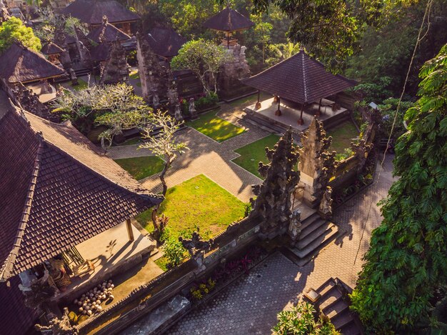 Aerial shot of the Pura Gunung Lebah temple in Ubud on the Bali island