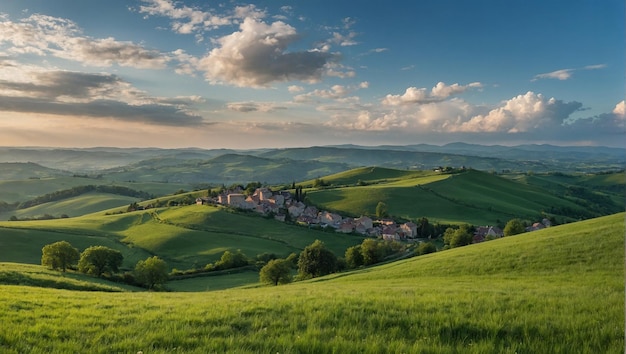 An aerial shot of a rural landscape with green hills and a village in the valley