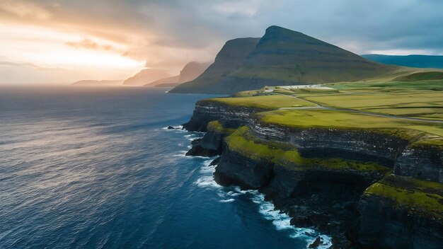 Aerial shot of the shore of the atlantic sea on faroe islands