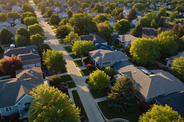 Photo aerial shot of a suburban neighborhood with treelined