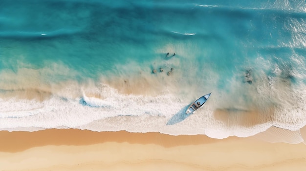 Aerial Shot of a Surfer Riding a Turquoise Wave on a Sunny Day at the Beach