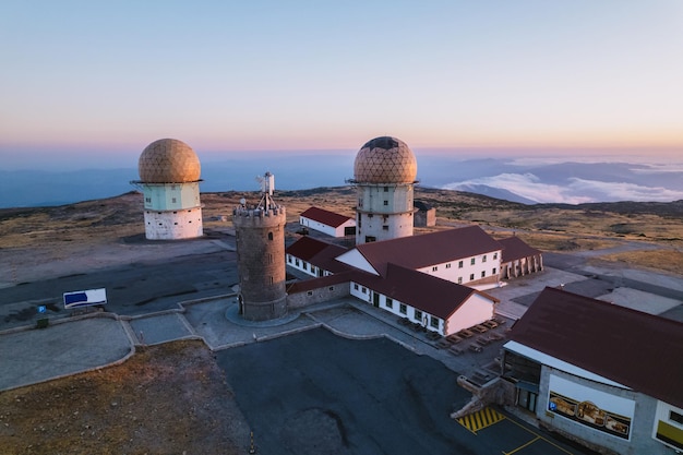 Aerial shot of Torre observatory on Serra da Estrela in Portugal Radar station