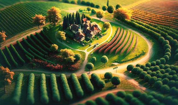 Aerial shot of a vineyard in the rolling hills