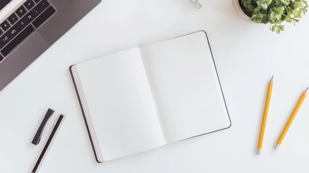 Photo aerial shot of a white desk featuring an open notebook pencil and a potted plant showcasing a neat and organized workspace