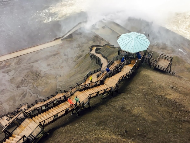 Aerial shot of wooden staircase of Montmorency Falls, Quebec, Canada