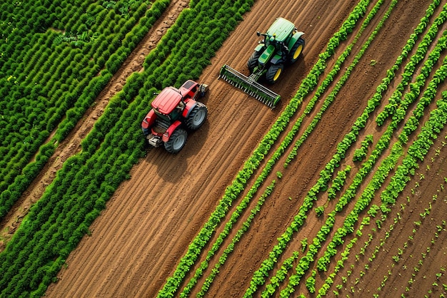 Aerial shots of Farmers operating tractors equipped with seed drills