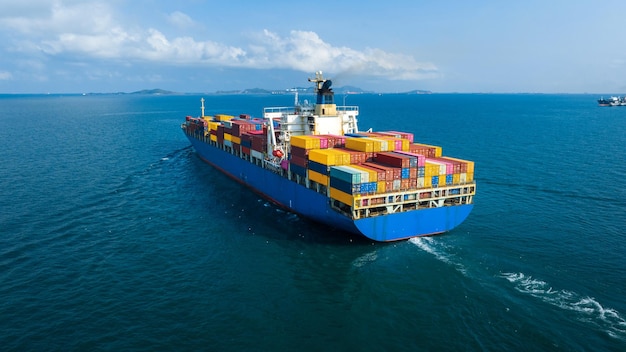 Aerial side view of cargo ship carrying container and running for export goods from cargo yard port