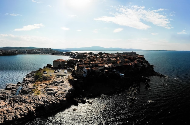 Aerial sunset view of old town of Sozopol Bulgaria Drone view from above Summer holidays destination